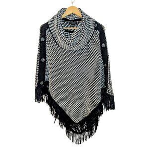 INC International Company Black & White Knit Cowl Neck Fringe Poncho • One Size
